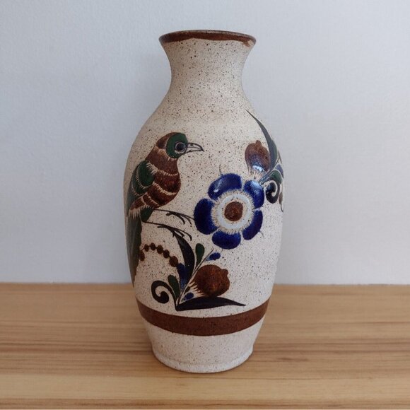 Vintage Tonala Mexican Pottery Vase Bird Floral Design Signed Folk Art 8" - Picture 1 of 8